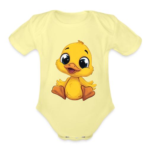 Sweet Yellow Cartoon Duck Sitting Happily - Organic Short Sleeve Baby Bodysuit