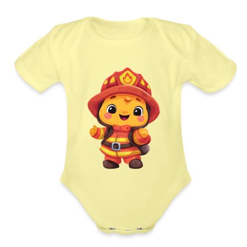 Cute Cartoon Firefighter in Red and Yellow Suit - Organic Short Sleeve Baby Bodysuit