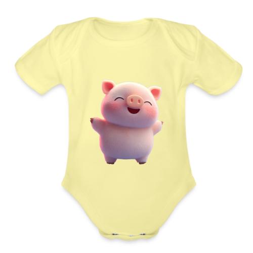 Cute Cartoon Baby Pig Standing Arms Up - Organic Short Sleeve Baby Bodysuit