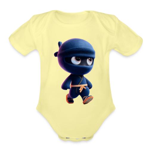 Playful Cartoon Baby Ninja Walking Happily - Organic Short Sleeve Baby Bodysuit