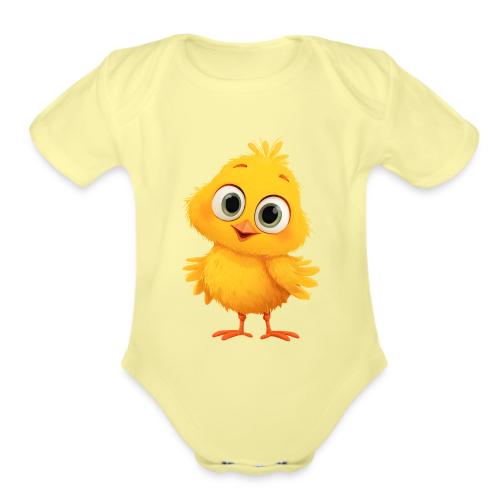 Sweet Yellow Cartoon Chick with Joyful Smile - Organic Short Sleeve Baby Bodysuit