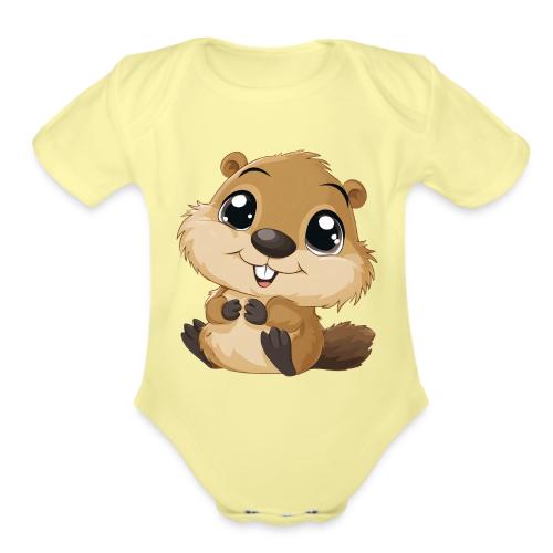 Adorable Cartoon Baby Beaver with Big Eyes - Organic Short Sleeve Baby Bodysuit
