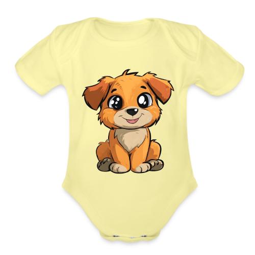 Cute Sitting Puppy Cartoon with Big Eyes - Organic Short Sleeve Baby Bodysuit
