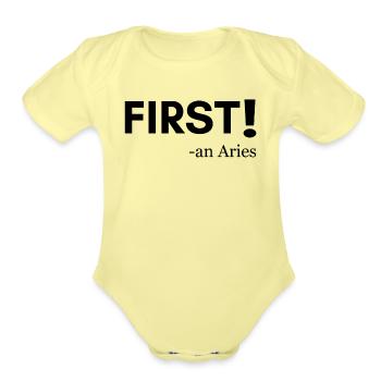 FIRST! -an Aries - Organic Short Sleeve Baby Bodysuit - washed yellow - Front