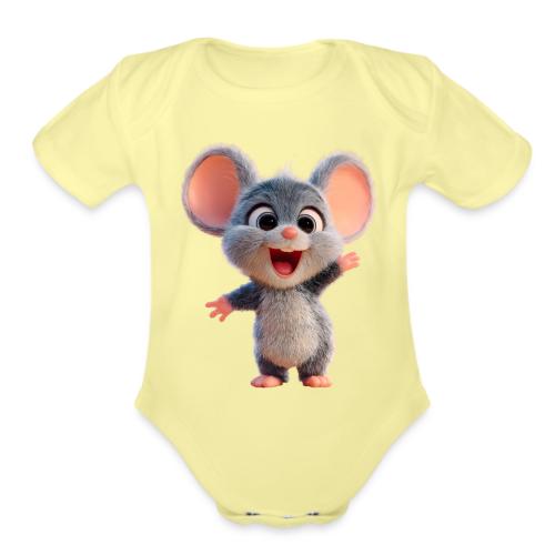 Joyful Cartoon Baby Mouse Arms Up - Organic Short Sleeve Baby Bodysuit