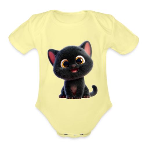 Adorable 3D Black Kitten with Big Eyes - Organic Short Sleeve Baby Bodysuit