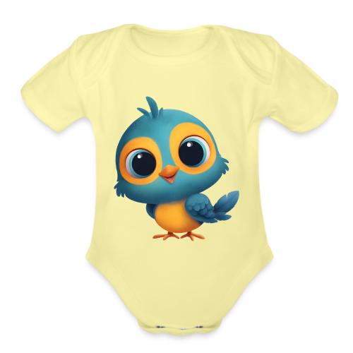 Joyful Cartoon Bird Standing in Yellow and Blue - Organic Short Sleeve Baby Bodysuit