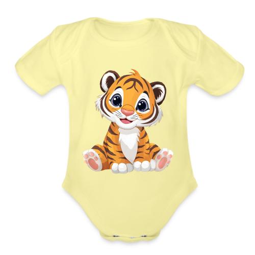Adorable Cartoon Tiger Cub with Innocent Eyes - Organic Short Sleeve Baby Bodysuit