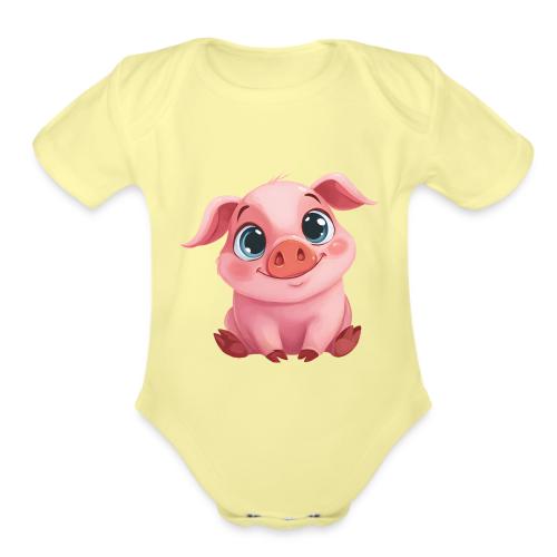 Adorable Cartoon Baby Pig Sitting with Big Eyes - Organic Short Sleeve Baby Bodysuit