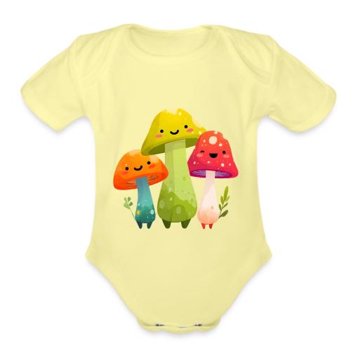 Trio of Happy Mushrooms - Organic Short Sleeve Baby Bodysuit