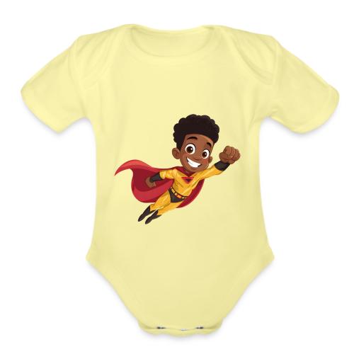 Flying Cartoon Superhero Boy in Red Cape - Organic Short Sleeve Baby Bodysuit