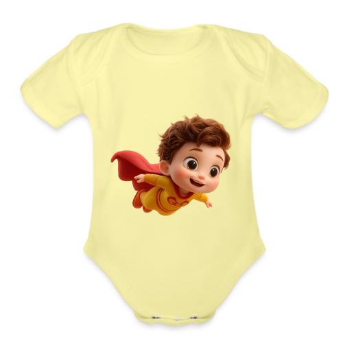 Flying Cartoon Superhero Boy in Yellow Suit - Organic Short Sleeve Baby Bodysuit