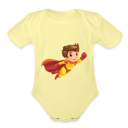 Cheerful Cartoon Superhero Boy Flying High - Organic Short Sleeve Baby Bodysuit