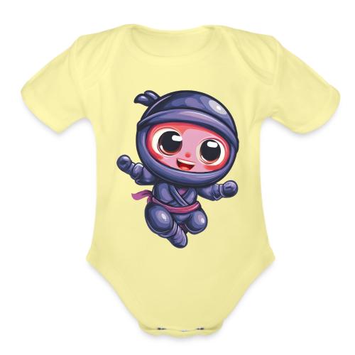 Joyful Cartoon Baby Ninja Jumping in Action - Organic Short Sleeve Baby Bodysuit