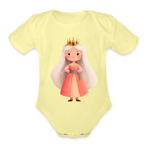 Cute Cartoon Little Princess with Long Hair - Organic Short Sleeve Baby Bodysuit
