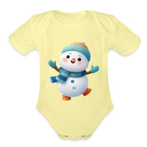 Joyful Cartoon Snowman Arms Up - Organic Short Sleeve Baby Bodysuit