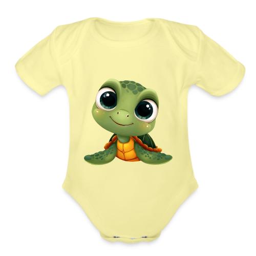 Cheerful Green Cartoon Sea Turtle with Big Eyes - Organic Short Sleeve Baby Bodysuit