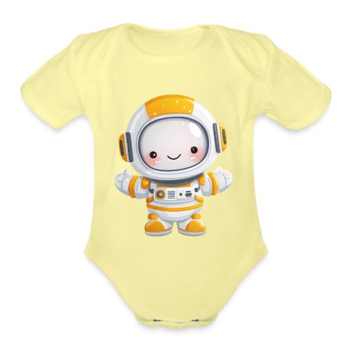 Cute Cartoon Baby Astronaut in White and Yellow - Organic Short Sleeve Baby Bodysuit