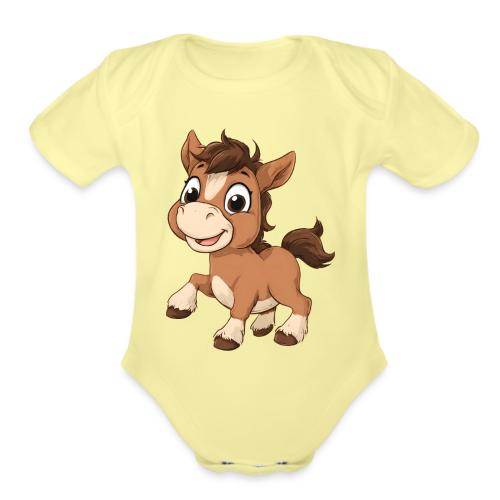 Playful Cartoon Baby Pony Full of Joy - Organic Short Sleeve Baby Bodysuit