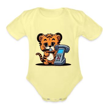 Tiger on the phone - Organic Short Sleeve Baby Bodysuit - washed yellow - Front