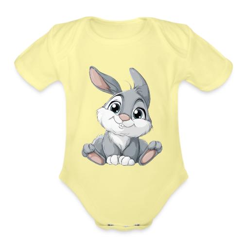 Joyful Grey and White Baby Rabbit Cartoon - Organic Short Sleeve Baby Bodysuit