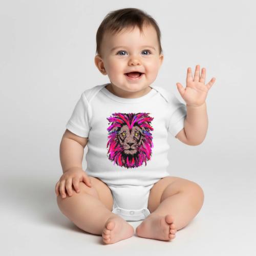 Purple Lion Head - Pink Lion Face Drawing - Organic Short Sleeve Baby Bodysuit