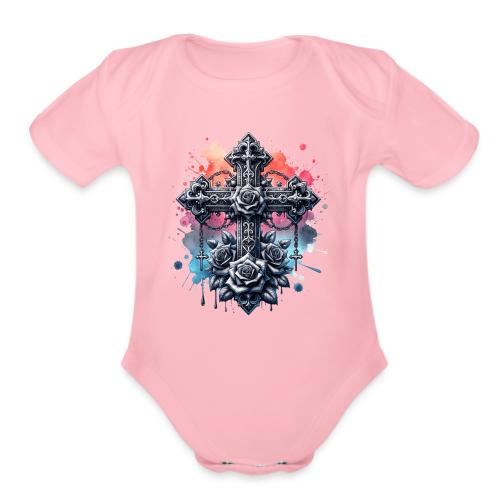 Gothic Collection - Crosses Roses Pastel B/ground - Organic Short Sleeve Baby Bodysuit