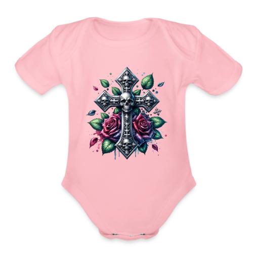 Gothic Collection - Cross, Skulls & Red Roses - Organic Short Sleeve Baby Bodysuit