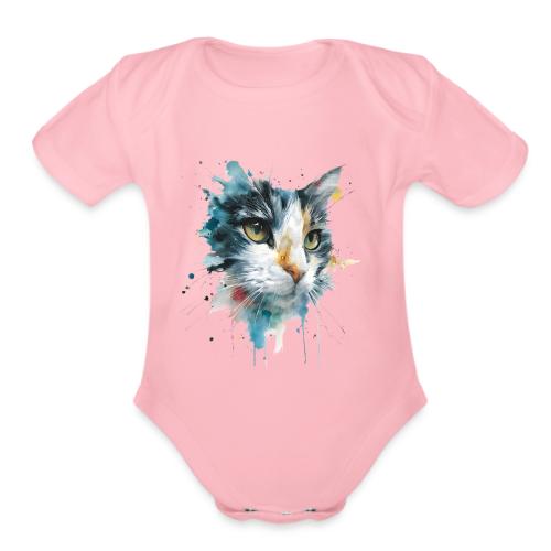 Watercolor cat face - Organic Short Sleeve Baby Bodysuit