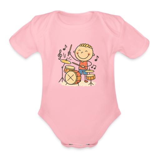 Cartoon Boy Playing Drums Kids T-Shirt - Organic Short Sleeve Baby Bodysuit