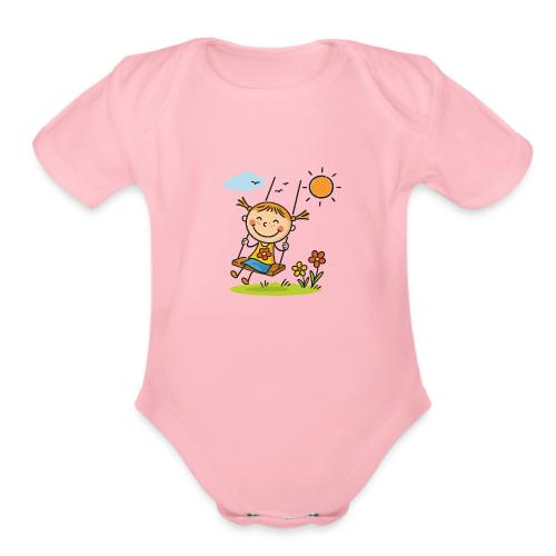 Happy Girl on Swing Cartoon T-Shirt - Organic Short Sleeve Baby Bodysuit