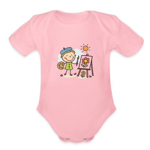 Cartoon Artist Boy Kids Painting T-Shirt - Organic Short Sleeve Baby Bodysuit