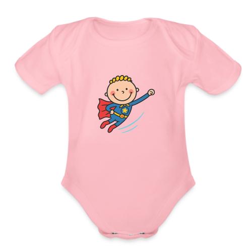 Cartoon Superhero Boy Flying Kids T-Shirt - Organic Short Sleeve Baby Bodysuit
