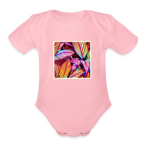 Striped Neon Leaves Design - Organic Short Sleeve Baby Bodysuit