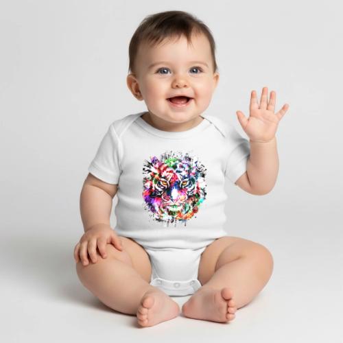 Colorful Tiger Head Portrait Drawing - Organic Short Sleeve Baby Bodysuit