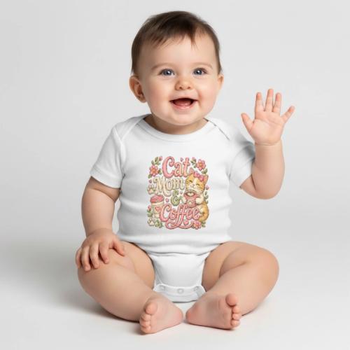 Cat Mom & Coffee Faux Stitched Cat Lover Design - Organic Short Sleeve Baby Bodysuit