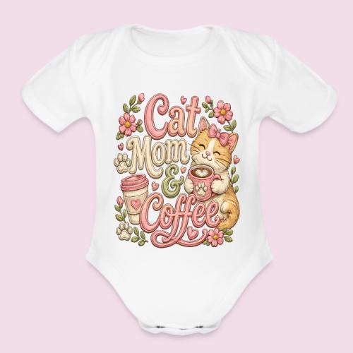 Cat Mom & Coffee Faux Stitched Cat Lover Design - Organic Short Sleeve Baby Bodysuit