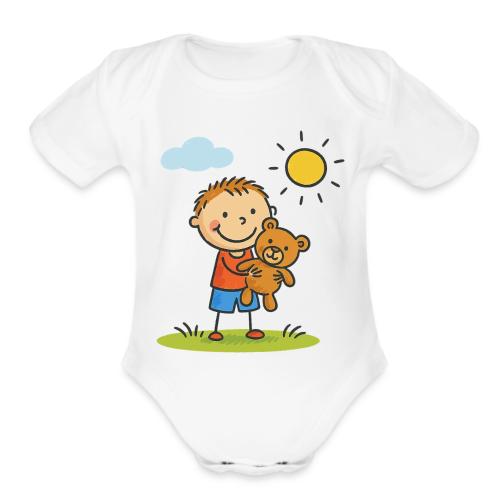 Cute Boy with Teddy Bear Cartoon Shirt - Organic Short Sleeve Baby Bodysuit