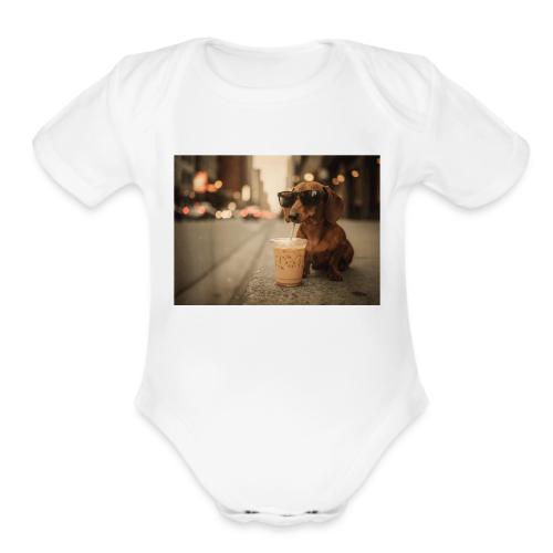 Funny Dachshund Iced Coffee Lover Tee - Organic Short Sleeve Baby Bodysuit