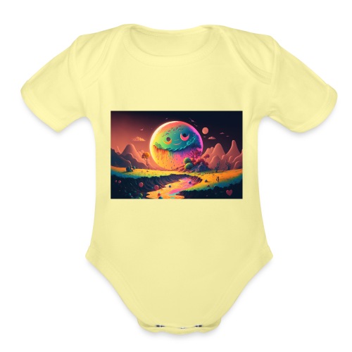 Spooky Smiling Moon Mountainscape - Psychedelia - Organic Short Sleeve Baby Bodysuit