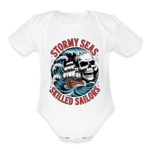 Stormy Seas Skull Pirate Ship Nautical Ocean Waves - Organic Short Sleeve Baby Bodysuit