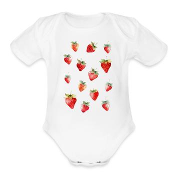 Cute Watercolor Strawberry Pattern - Organic Short Sleeve Baby Bodysuit - white - Front
