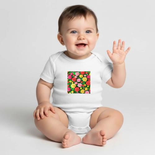 Floral print, colors in rose flowers, nature - Organic Short Sleeve Baby Bodysuit