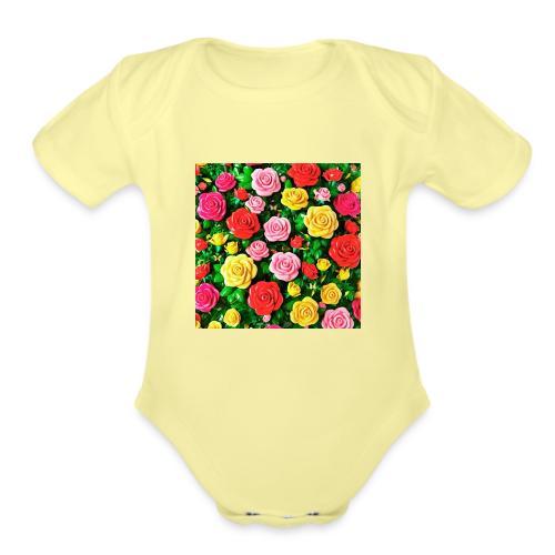 Floral print, colors in rose flowers, nature - Organic Short Sleeve Baby Bodysuit