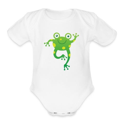Smiling green frog waving animatedly - Organic Short Sleeve Baby Bodysuit