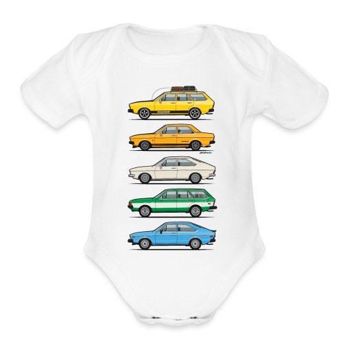 Stack of VAG B1 VDubs and Four Rings - Organic Short Sleeve Baby Bodysuit