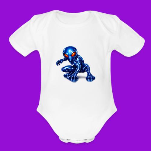 Blue Alien Crouch - Organic Short Sleeve Baby Bodysuit