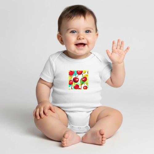 Vibrant Cherry Pattern - Organic Short Sleeve Baby Bodysuit