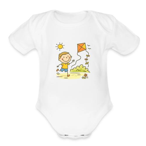 Happy Boy Flying Kite Cartoon T-Shirt - Organic Short Sleeve Baby Bodysuit