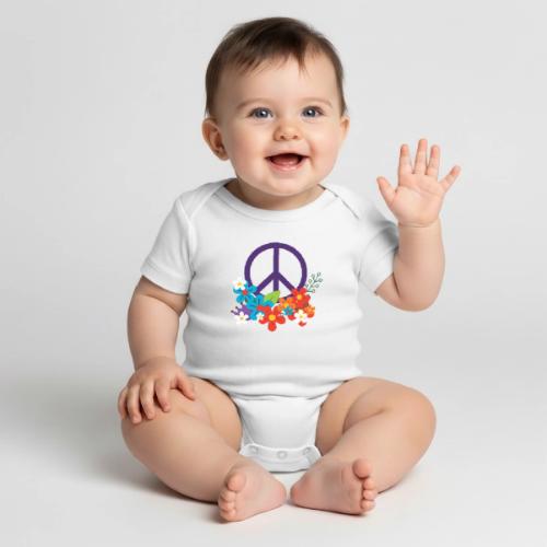 Hippie Peace Design With Flowers - Organic Short Sleeve Baby Bodysuit